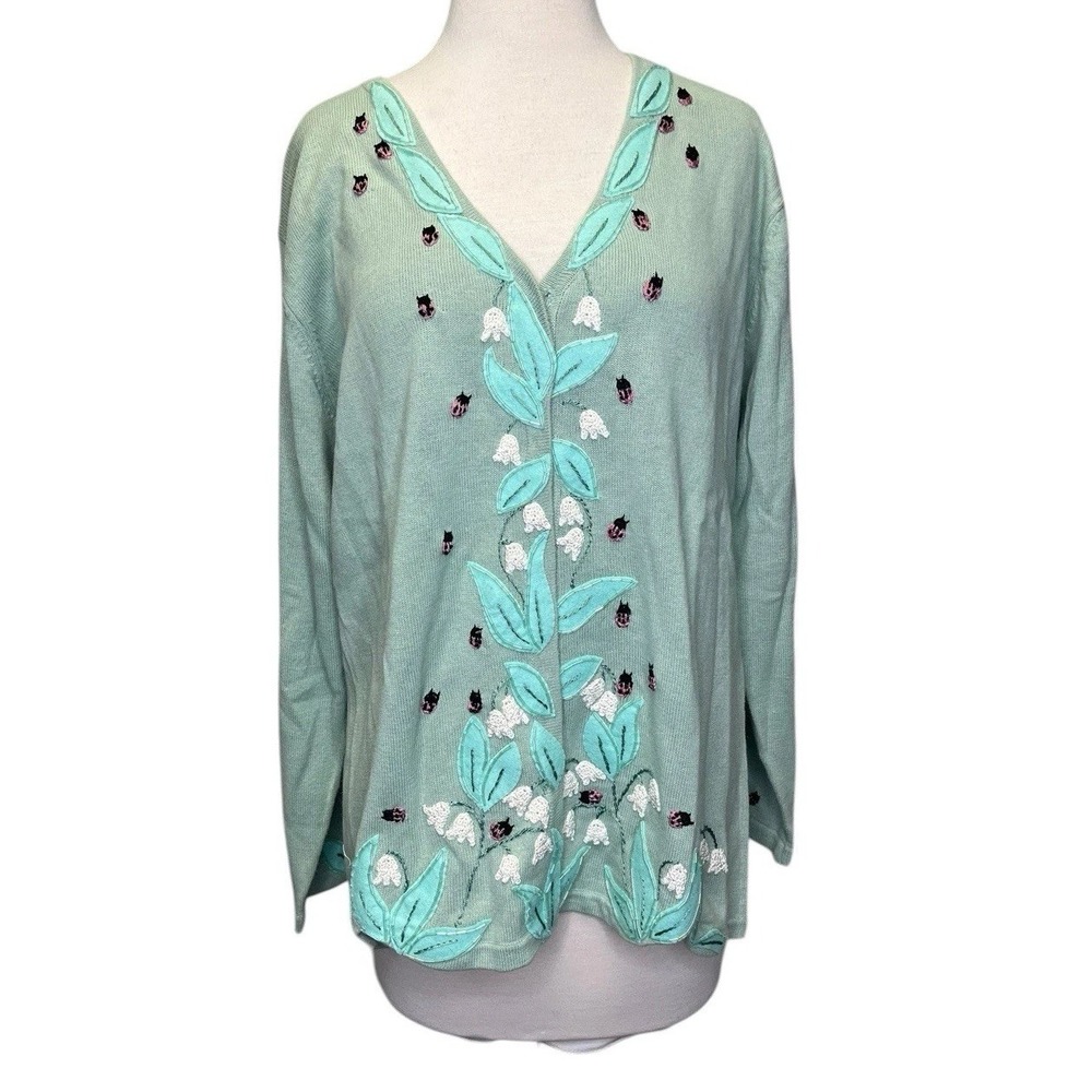 Storybook Knits Lily of the Valley Ladybug Cardigan Large Mint Green Beaded